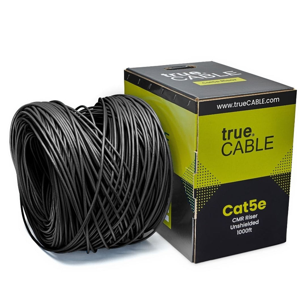 trueCABLE Cat5e Riser Black Ethernet Cable 1000ft Reel Outside of Box Label