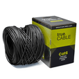 A spool of black Cat6 cable on a white background. The spool is labeled "TrueCABLE Cat6 CMR Riser Unshielded 1000ft black Ethernet Cable