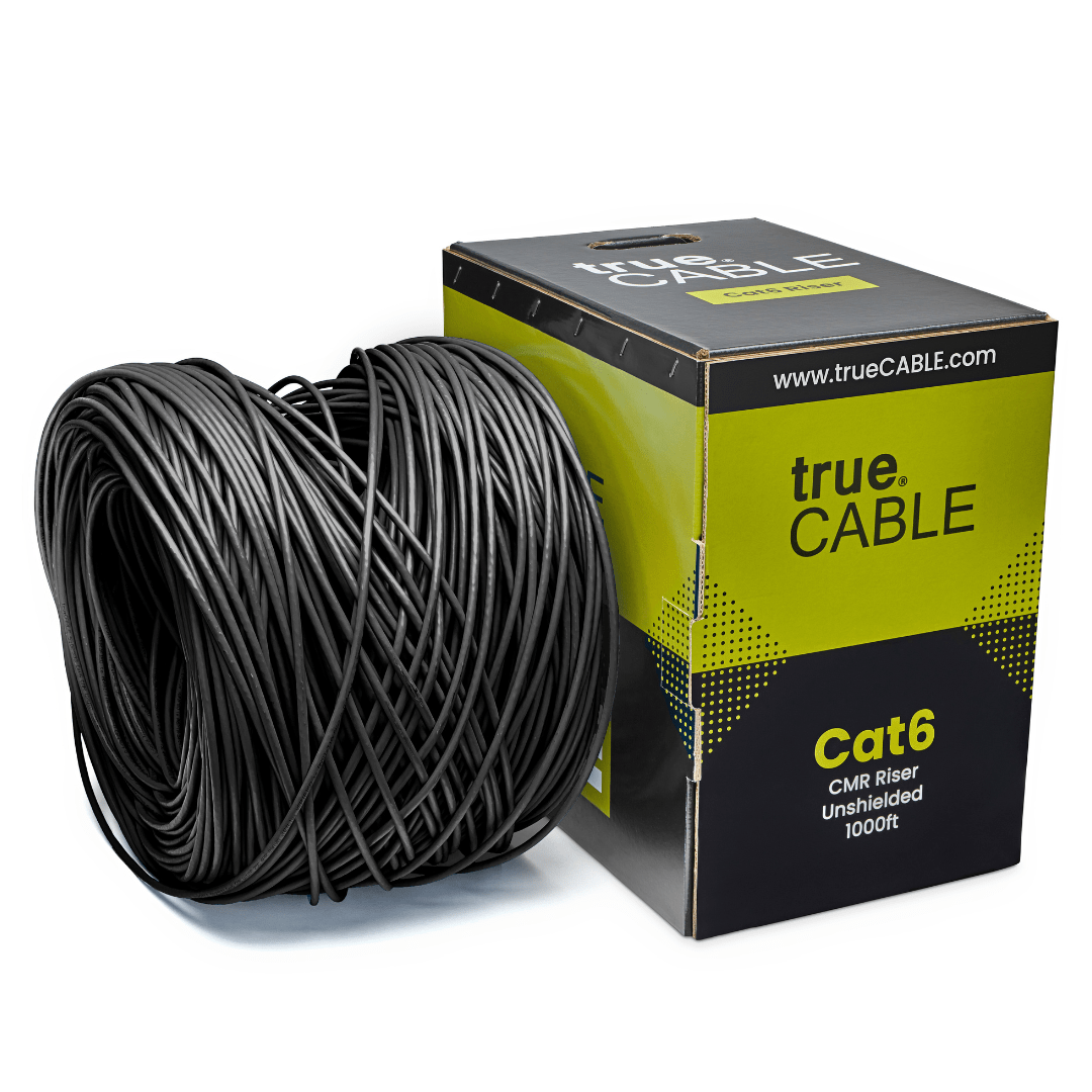 A spool of black Cat6 cable on a white background. The spool is labeled "TrueCABLE Cat6 CMR Riser Unshielded 1000ft black Ethernet Cable