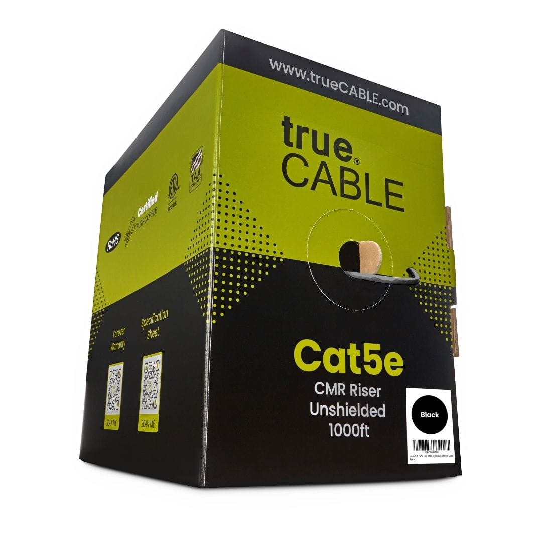 trueCABLE Cat5e Riser Black Ethernet Cable 1000ft Reel Label
