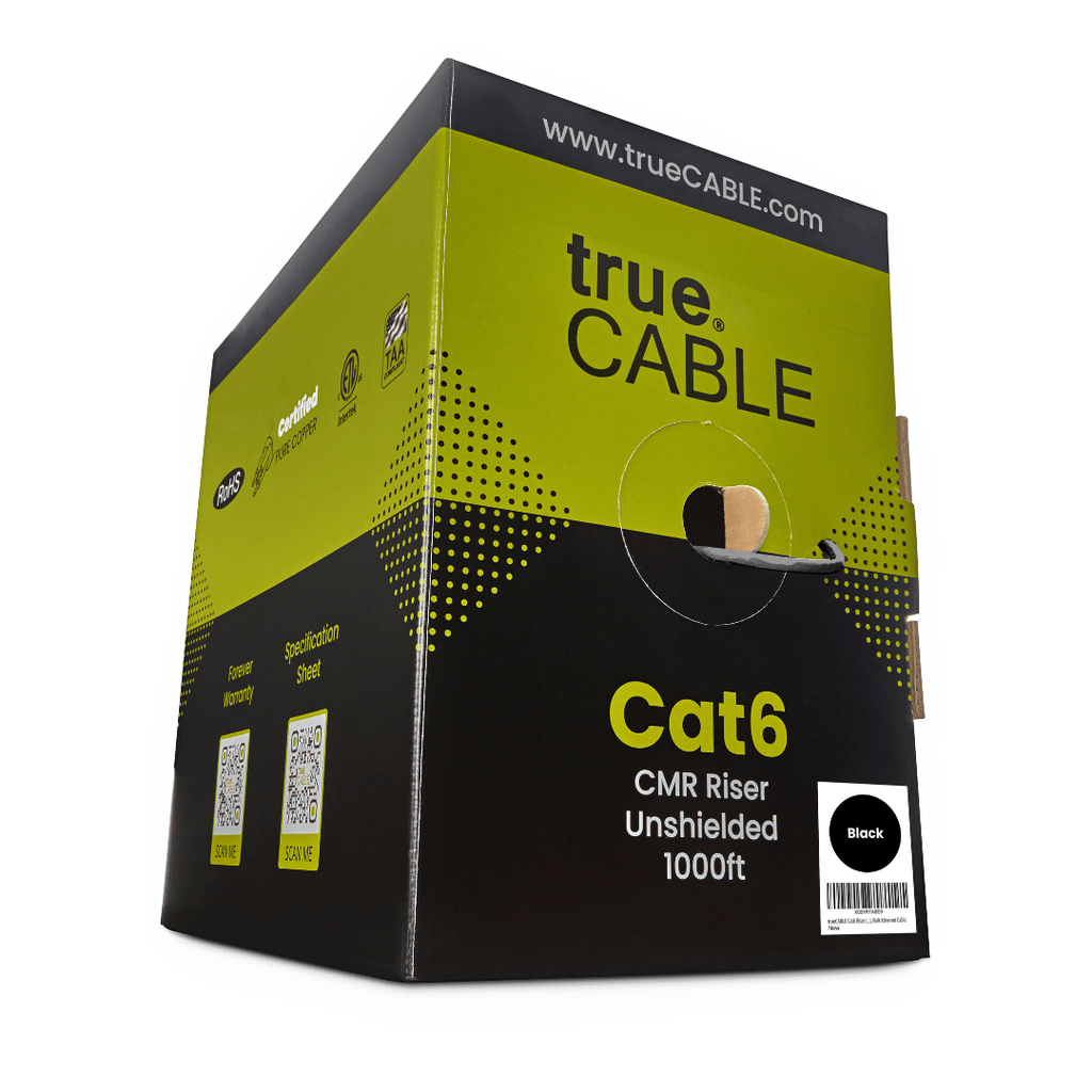 trueCABLE Cat6 CMR Riser Unshielded 1000ft black cable in a box.