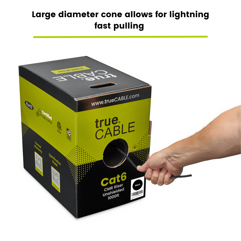 A person pulling a cable out of a box, trueCABLE Cat6 Riser black 1000ft 23AWG 4 Pair Solid Bare Copper