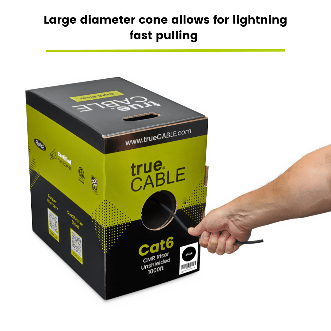A person pulling a cable out of a box, trueCABLE Cat6 Riser black 1000ft 23AWG 4 Pair Solid Bare Copper