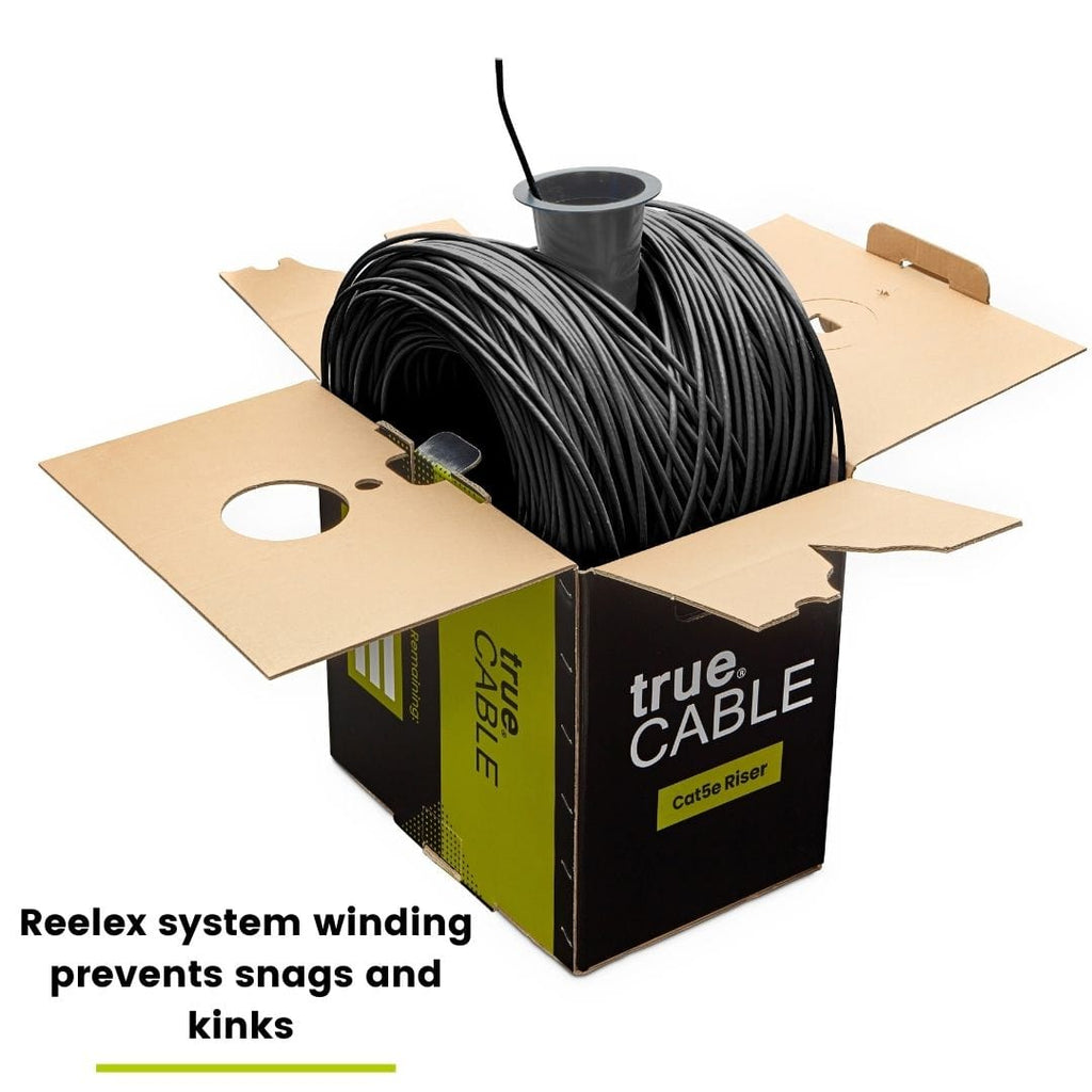 trueCABLE Cat5e Riser Black Ethernet Cable 1000ft Reel Coming out of Box