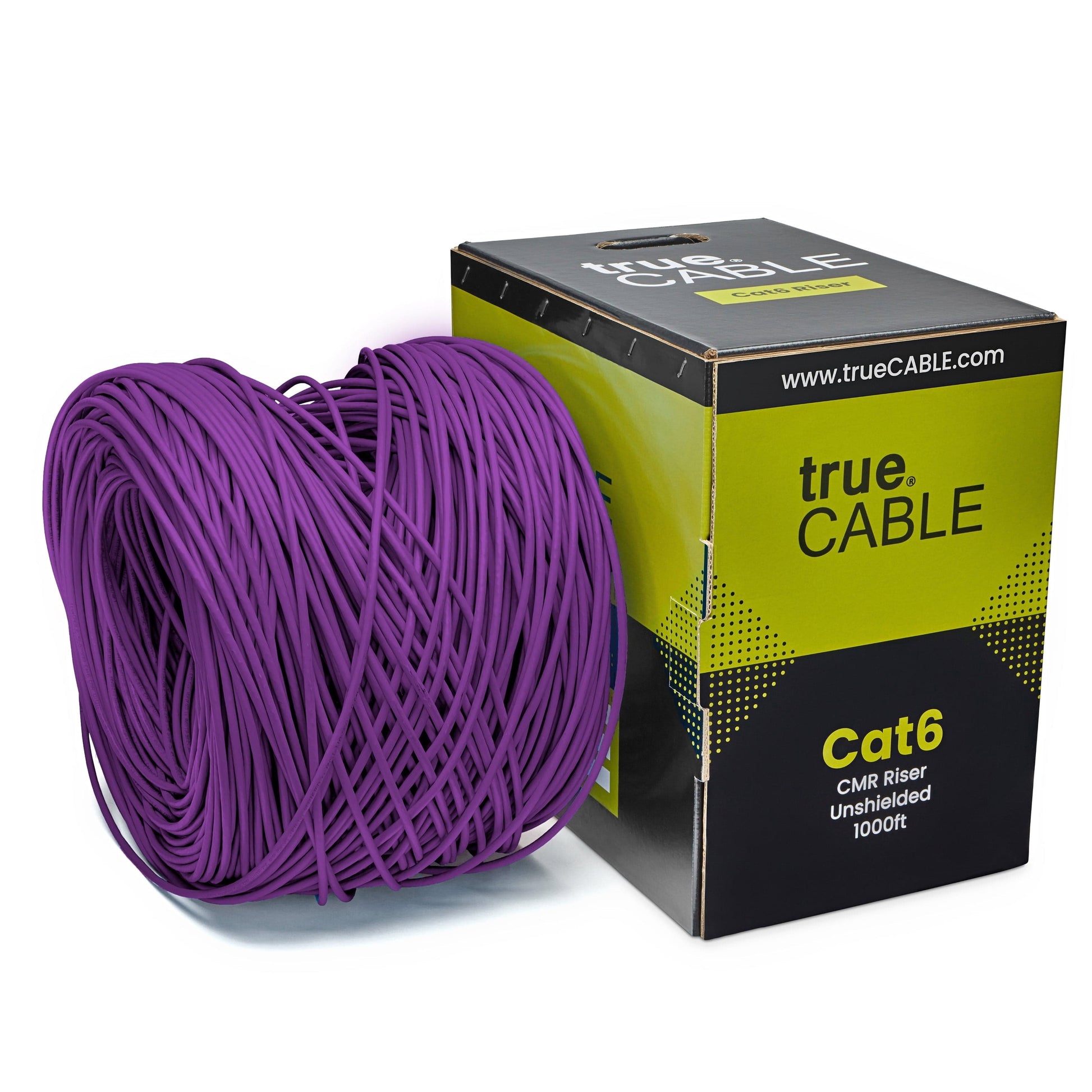 A spool of blue Cat6 cable on a white background. The spool is labeled "TrueCABLE Cat6 CMR Riser Unshielded 1000ft purple Ethernet Cable"