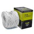 A spool of White Cat6 cable on a white background. The spool is labeled "TrueCABLE Cat6 CMR Riser Unshielded 1000ft white Ethernet Cable"