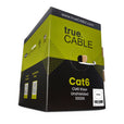 trueCABLE Cat6 CMR Riser Unshielded 1000ft white cable in a box.