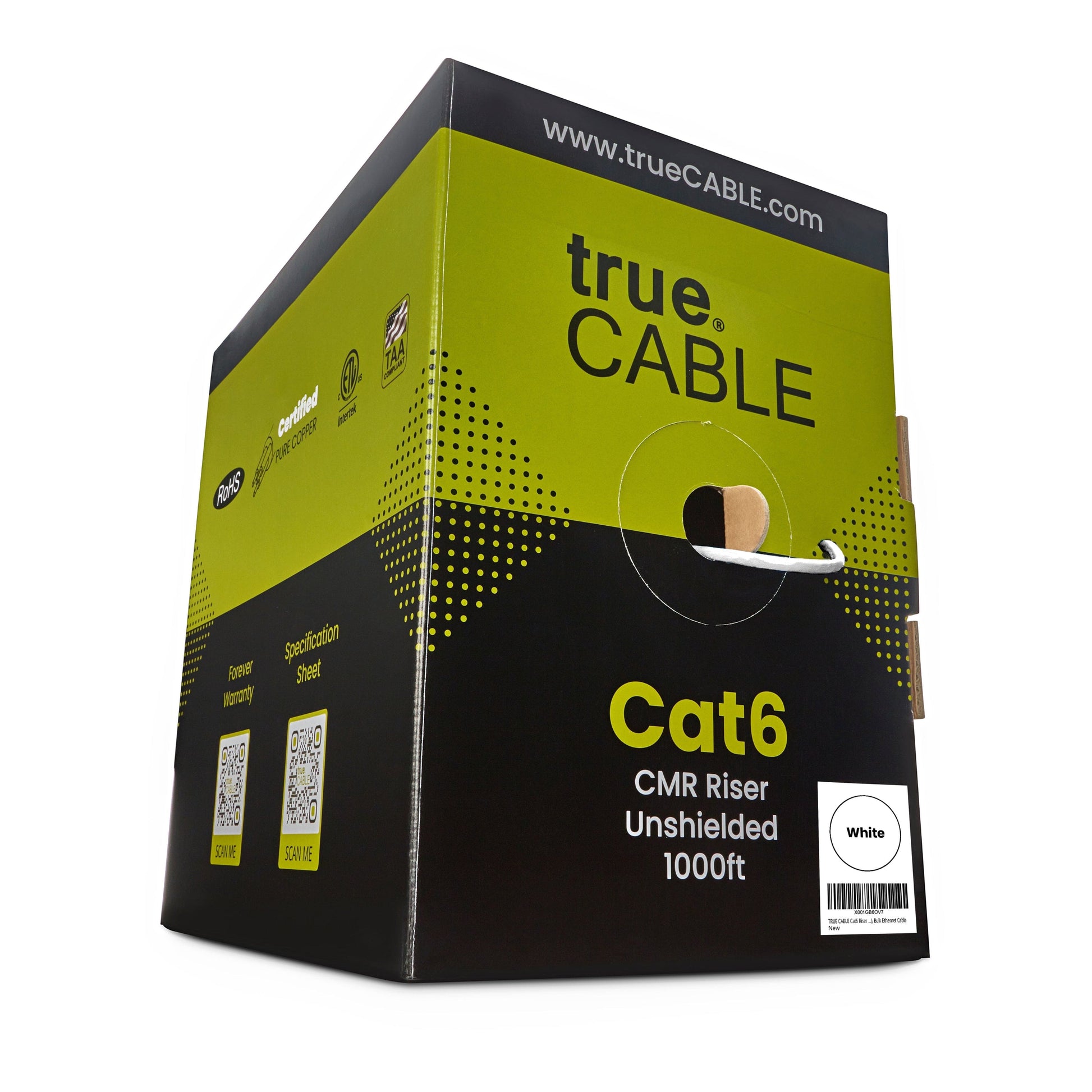 trueCABLE Cat6 CMR Riser Unshielded 1000ft white cable in a box.