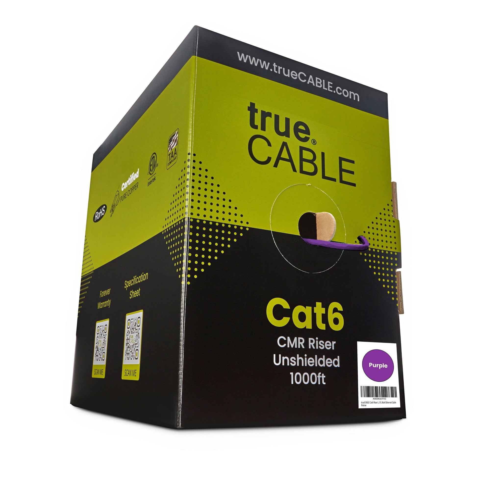 trueCABLE Cat6 CMR Riser Unshielded 1000ft purple cable in a box.