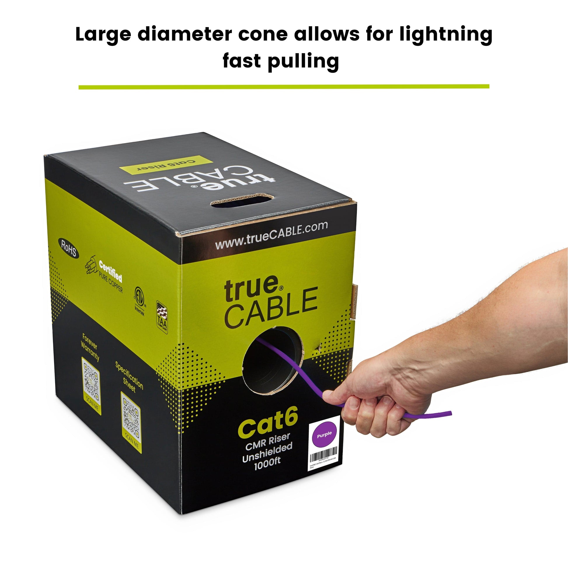 A person pulling a cable out of a box, trueCABLE Cat6 Riser purple 1000ft 23AWG 4 Pair Solid Bare Copper