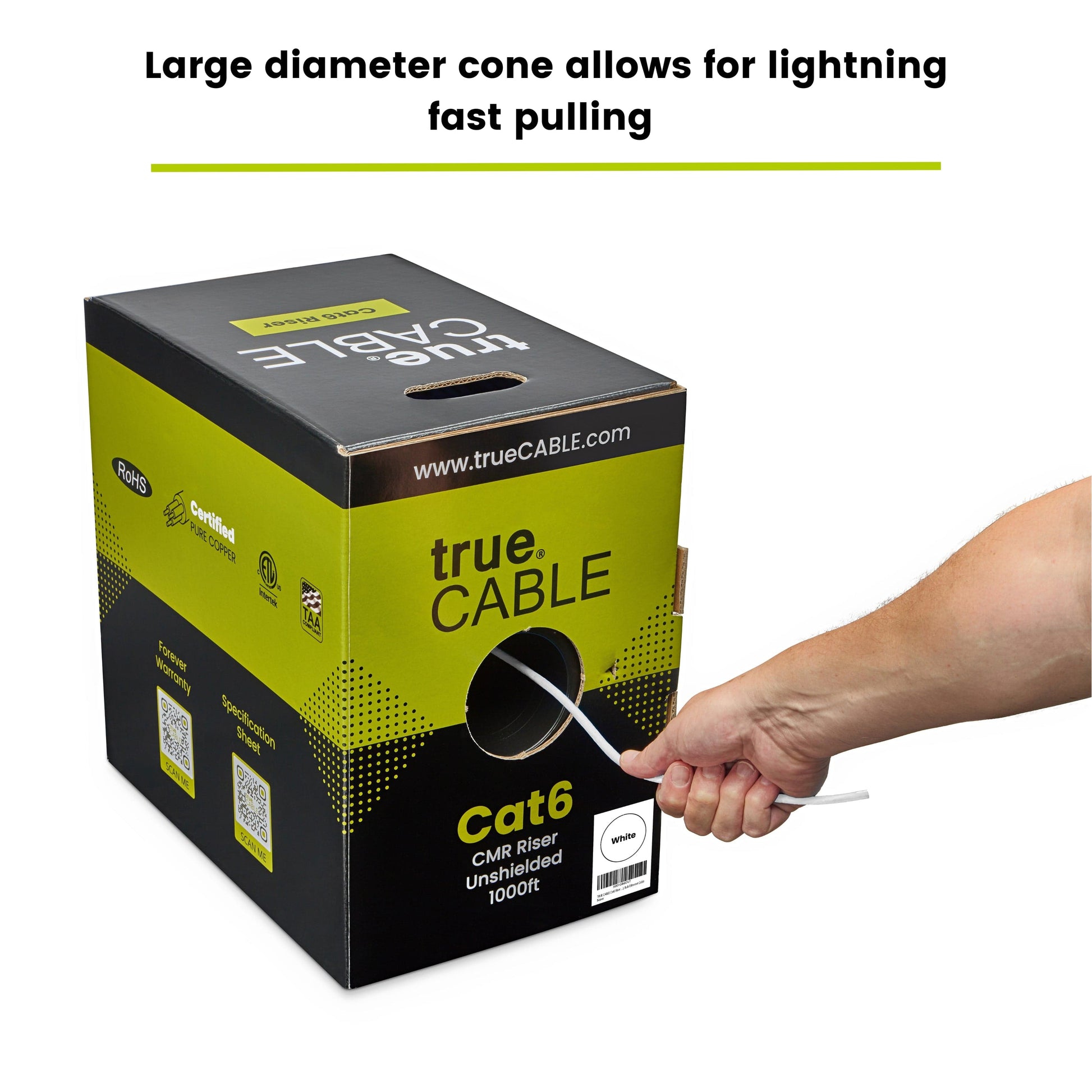 A person pulling a cable out of a box, trueCABLE Cat6 Riser white 1000ft 23AWG 4 Pair Solid Bare Copper