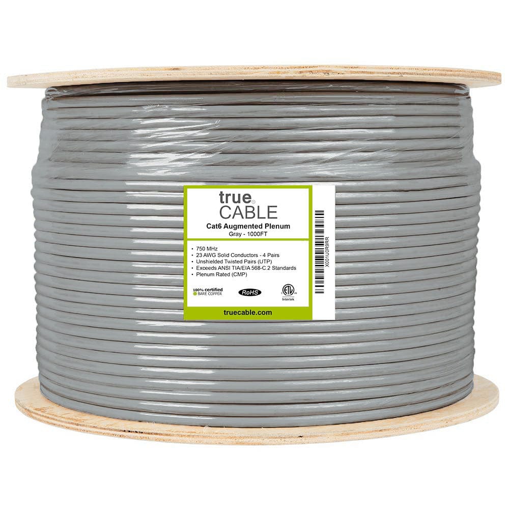 Cat6A Plenum Ethernet Cable Gray 1000ft trueCABLE Reel Label