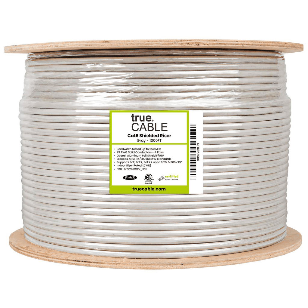 Cat6 Riser Shielded Cable, Gray, 1000ft, Reel