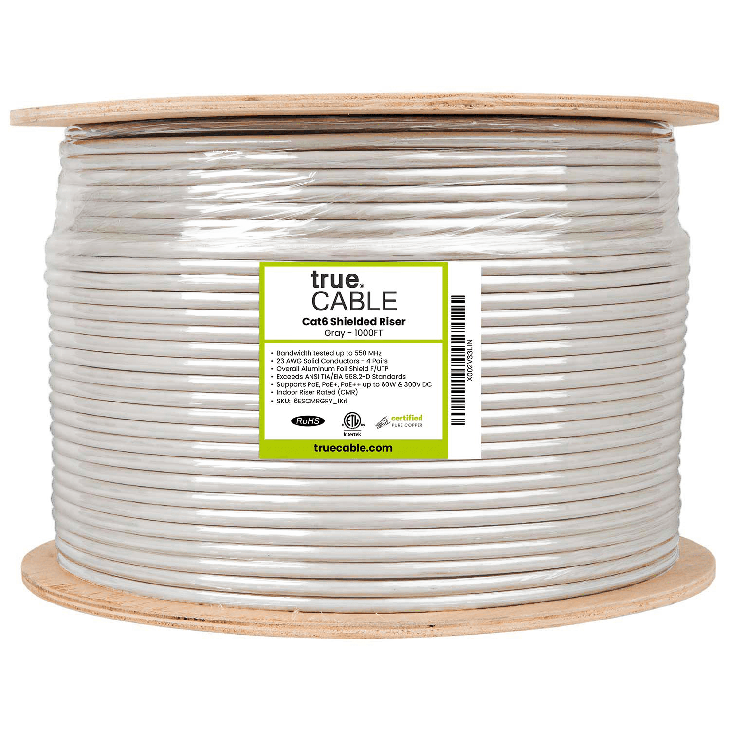 Cat6 Riser Shielded Cable, Gray, 1000ft, Reel