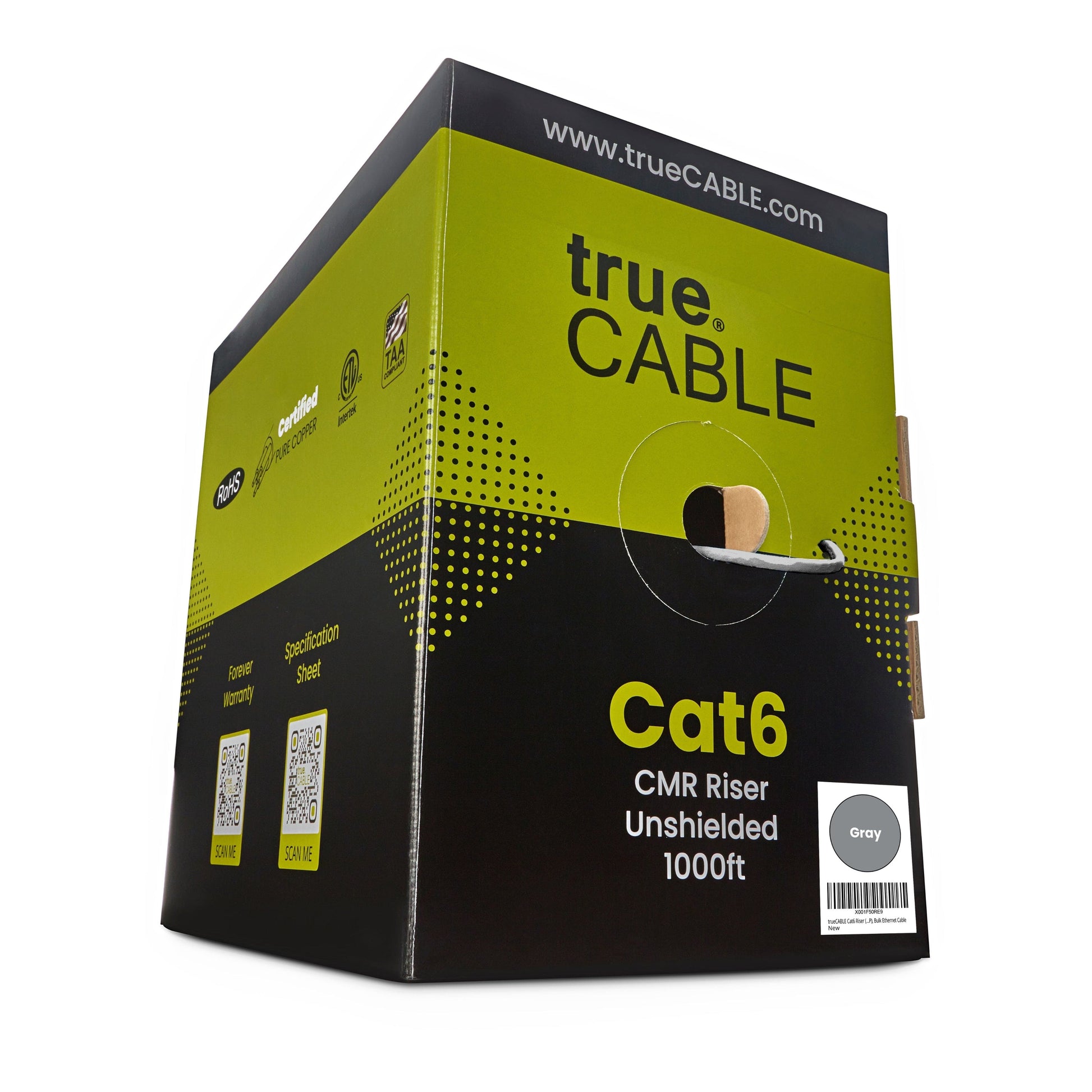 trueCABLE Cat6 CMR Riser Unshielded 1000ft Gray cable in a box.