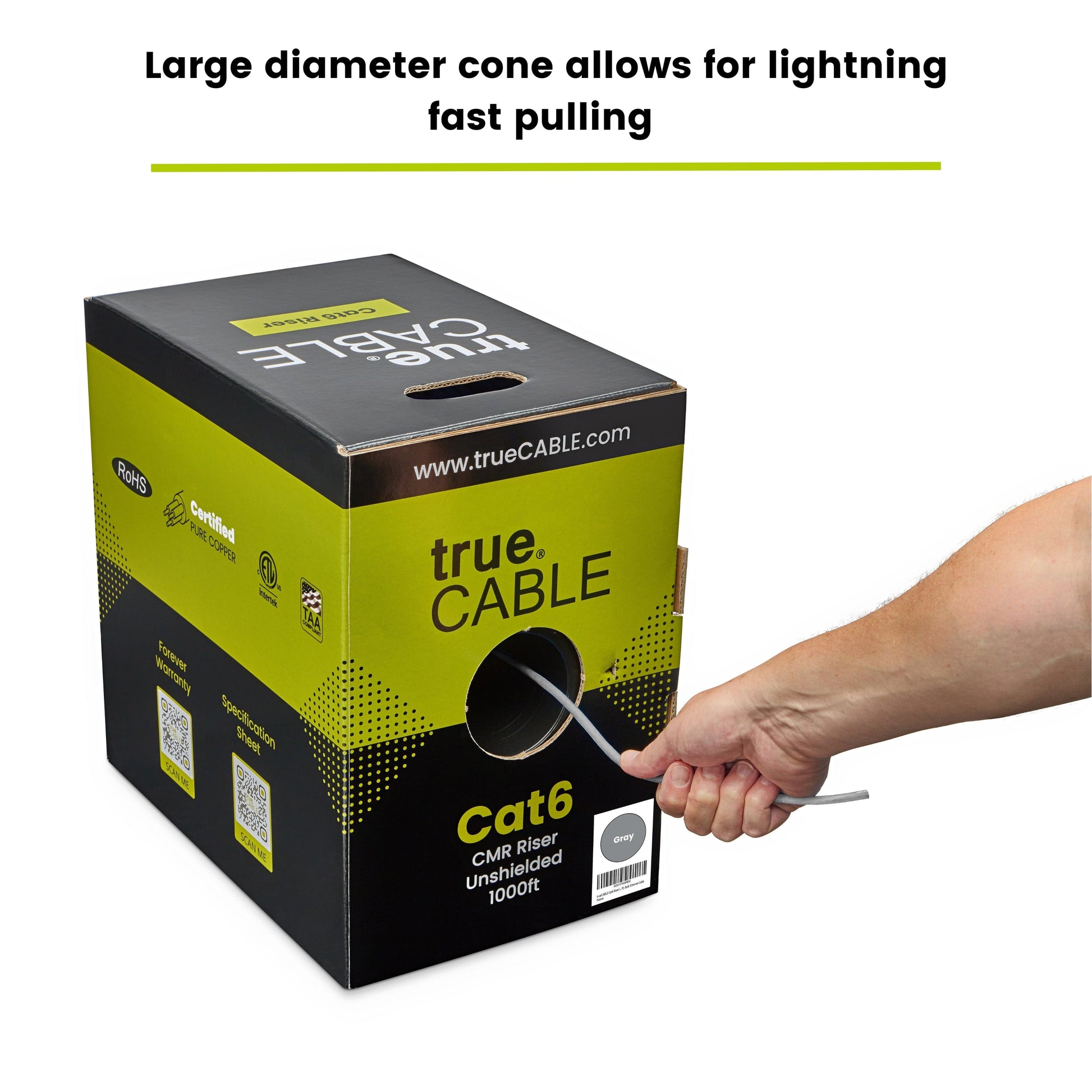 A person pulling a cable out of a box, trueCABLE Cat6 Riser Gray 1000ft 23AWG 4 Pair Solid Bare Copper