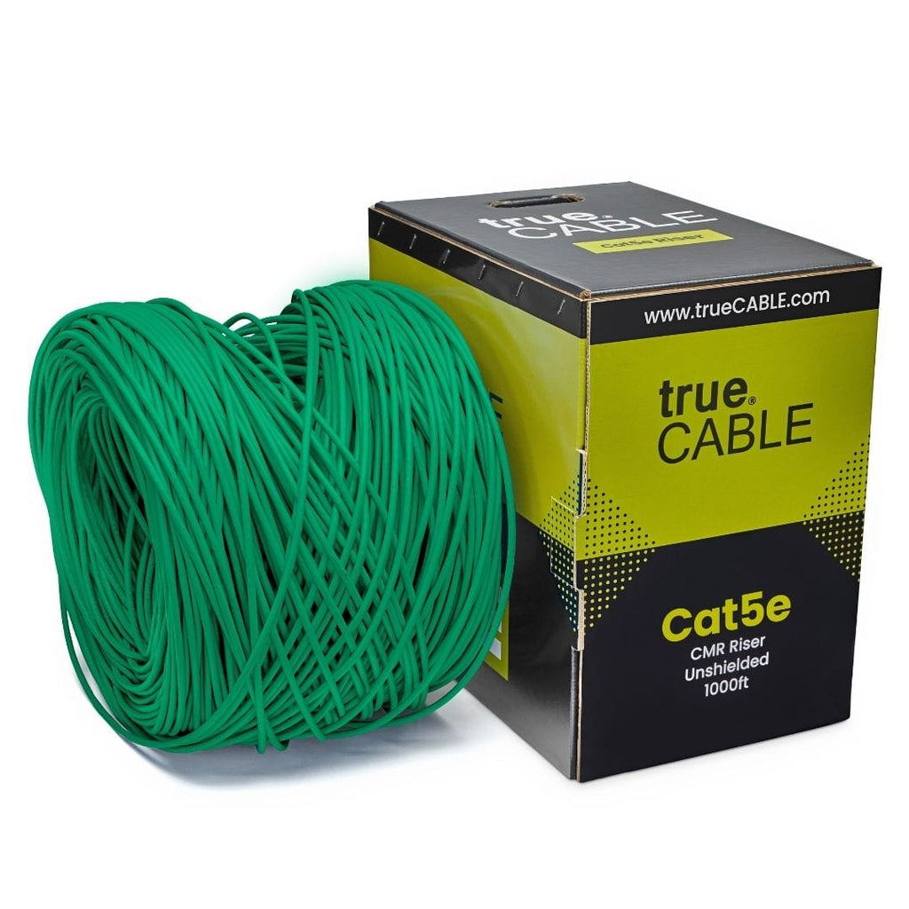 trueCABLE Cat5e Riser Green Ethernet Cable 1000ft Reel Outside of Box Label