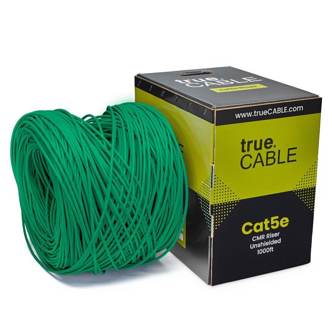trueCABLE Cat5e Riser Green Ethernet Cable 1000ft Reel Outside of Box Label