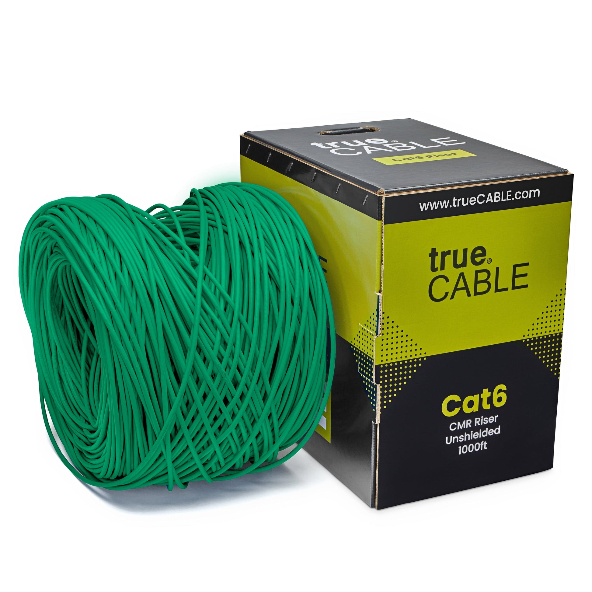 A spool of Green Cat6 cable on a white background. The spool is labeled "TrueCABLE Cat6 CMR Riser Unshielded 1000ft Green Ethernet Cable