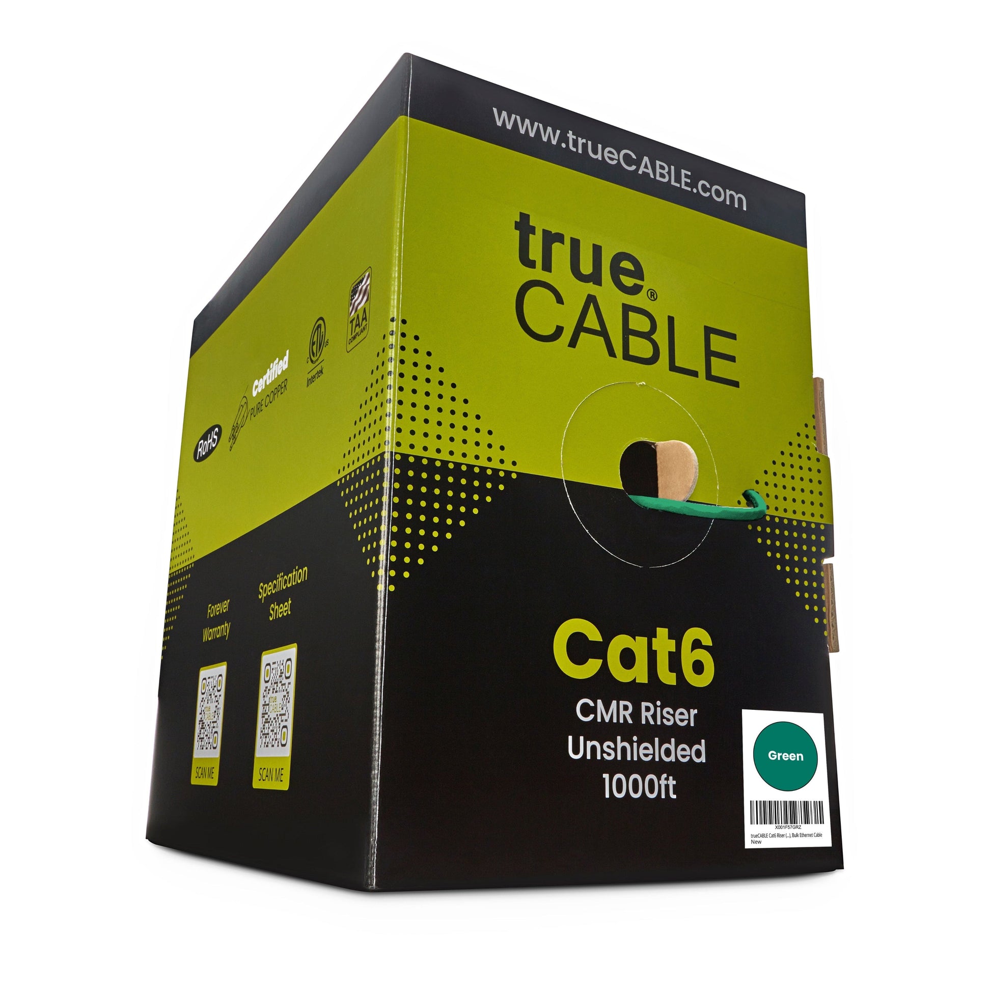 trueCABLE Cat6 CMR Riser Unshielded 1000ft Green cable in a box.
