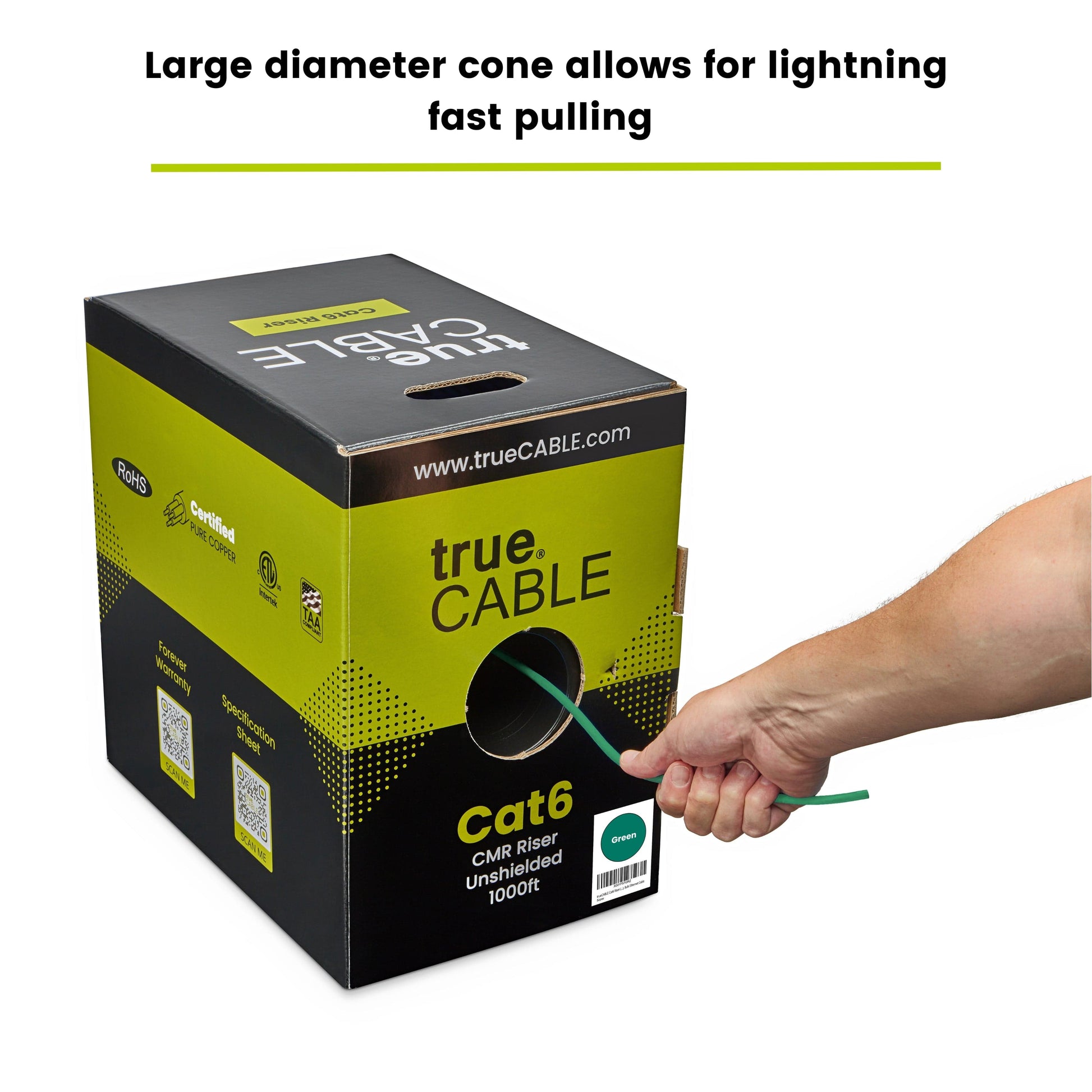 A person pulling a cable out of a box, trueCABLE Cat6 Riser Green 1000ft 23AWG 4 Pair Solid Bare Copper