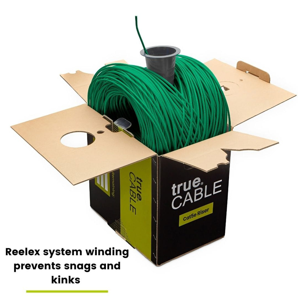 trueCABLE Cat5e Riser Green Ethernet Cable 1000ft Reel in Box Label
