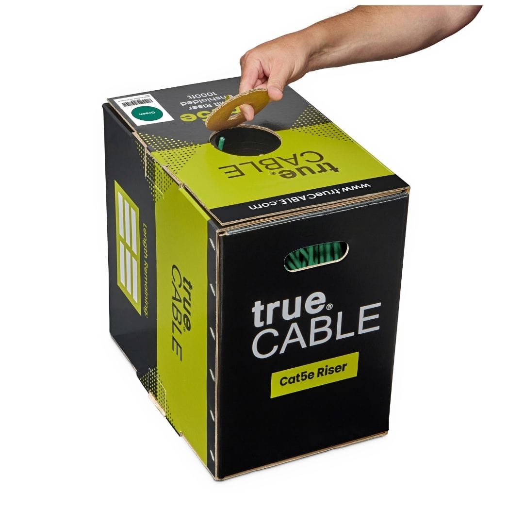 trueCABLE Cat5e Riser Green Ethernet Cable 1000ft Opening In Box