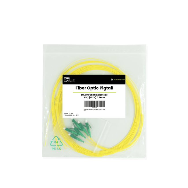 Yellow fiber optic pigtail cable bundle with green LC APC connectors, singlemode OS2 fiber, packaged in a clear bag.
