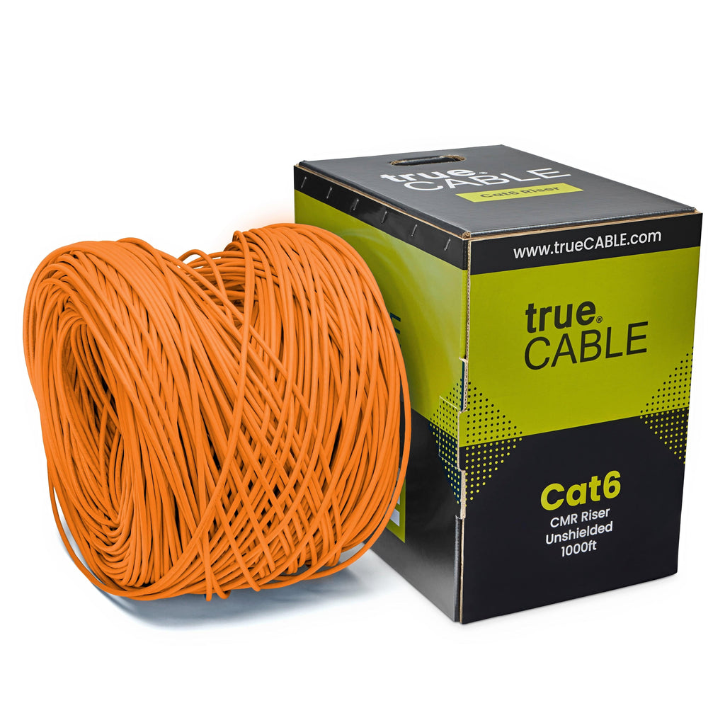 A spool of Orange Cat6 cable on a white background. The spool is labeled "TrueCABLE Cat6 CMR Riser Unshielded 1000ft Orange Ethernet Cable