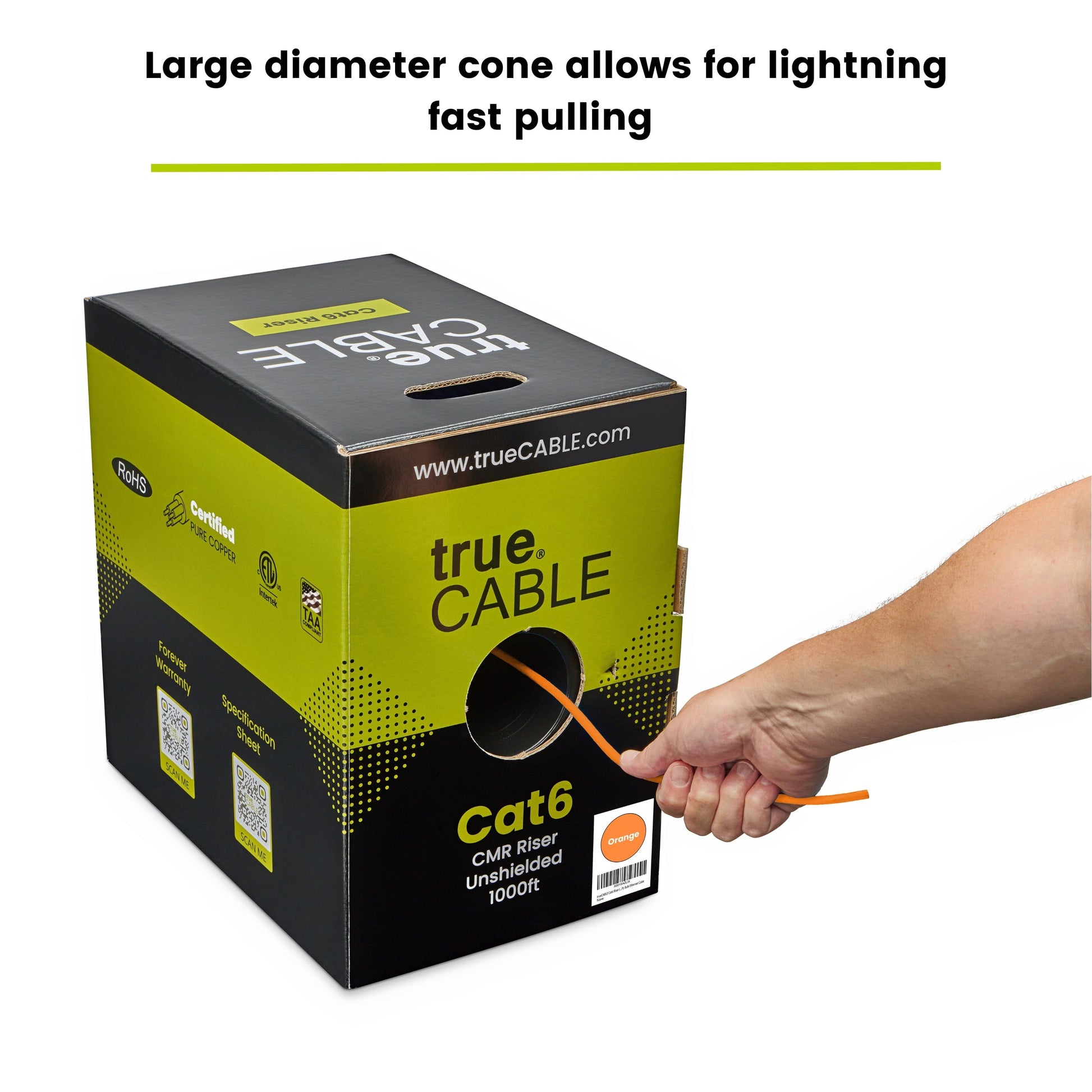A person pulling a cable out of a box, trueCABLE Cat6 Riser Orange 1000ft 23AWG 4 Pair Solid Bare Copper