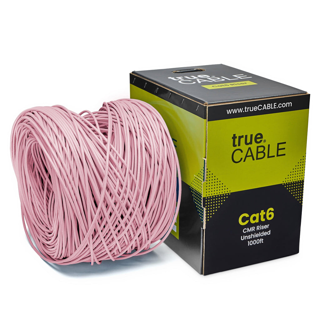 A spool of Pink Cat6 cable on a white background. The spool is labeled "TrueCABLE Cat6 CMR Riser Unshielded 1000ft Pink Ethernet Cable