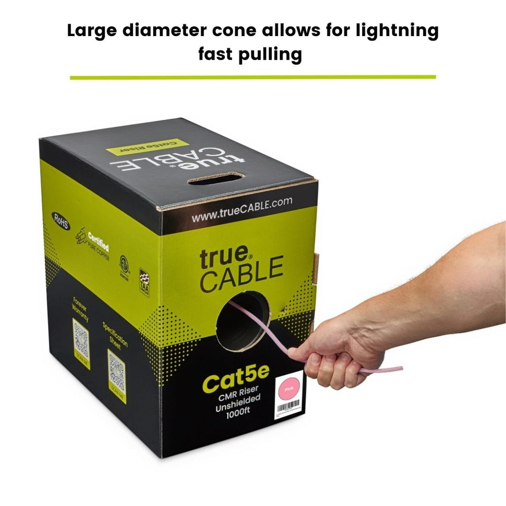 trueCABLE Cat5e Riser Pink Ethernet Cable 1000ft Cable Coming Out of Box