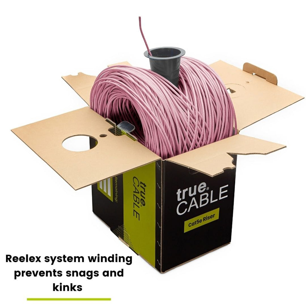 trueCABLE Cat5e Riser Pink Ethernet Cable 1000ft Reel Coming out of Box