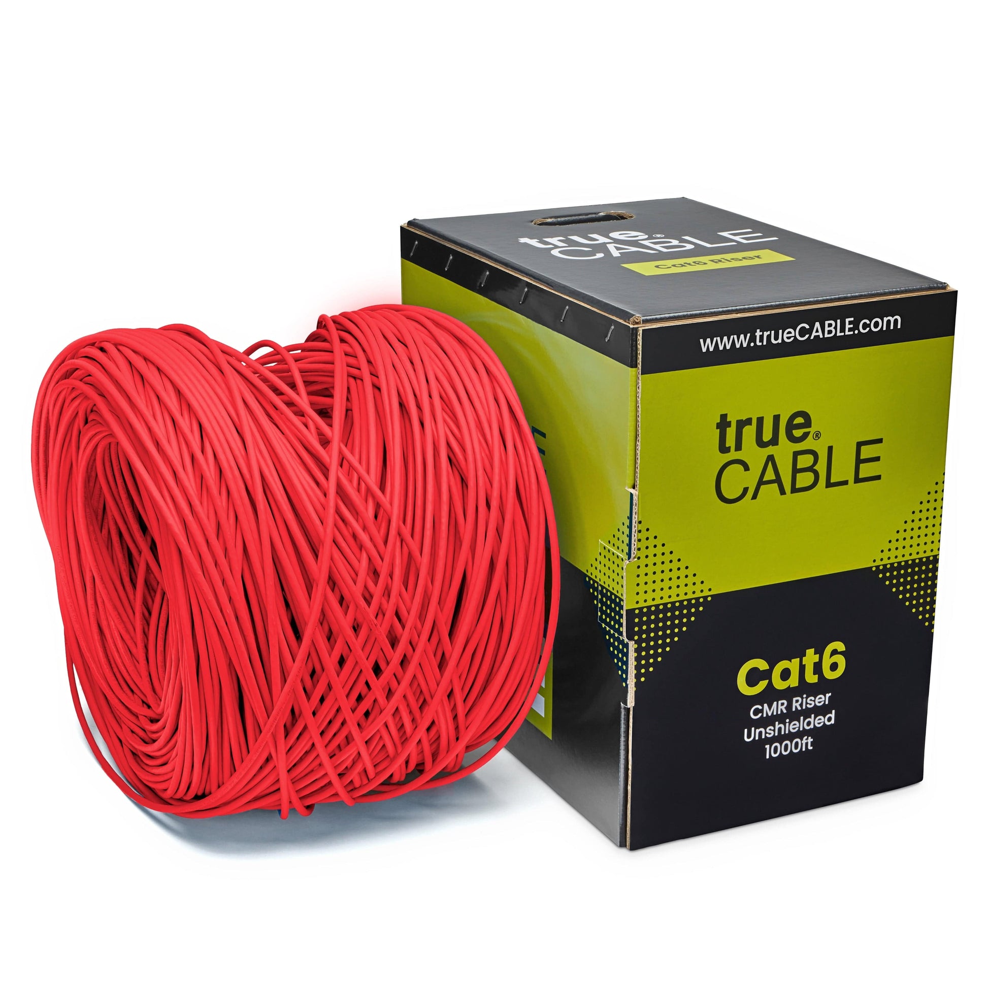 A spool of Red Cat6 cable on a white background. The spool is labeled "TrueCABLE Cat6 CMR Riser Unshielded 1000ft Red Ethernet Cable