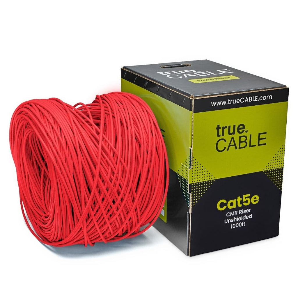 trueCABLE Cat5e Riser Red Ethernet Cable 1000ft Reel Outside of Box