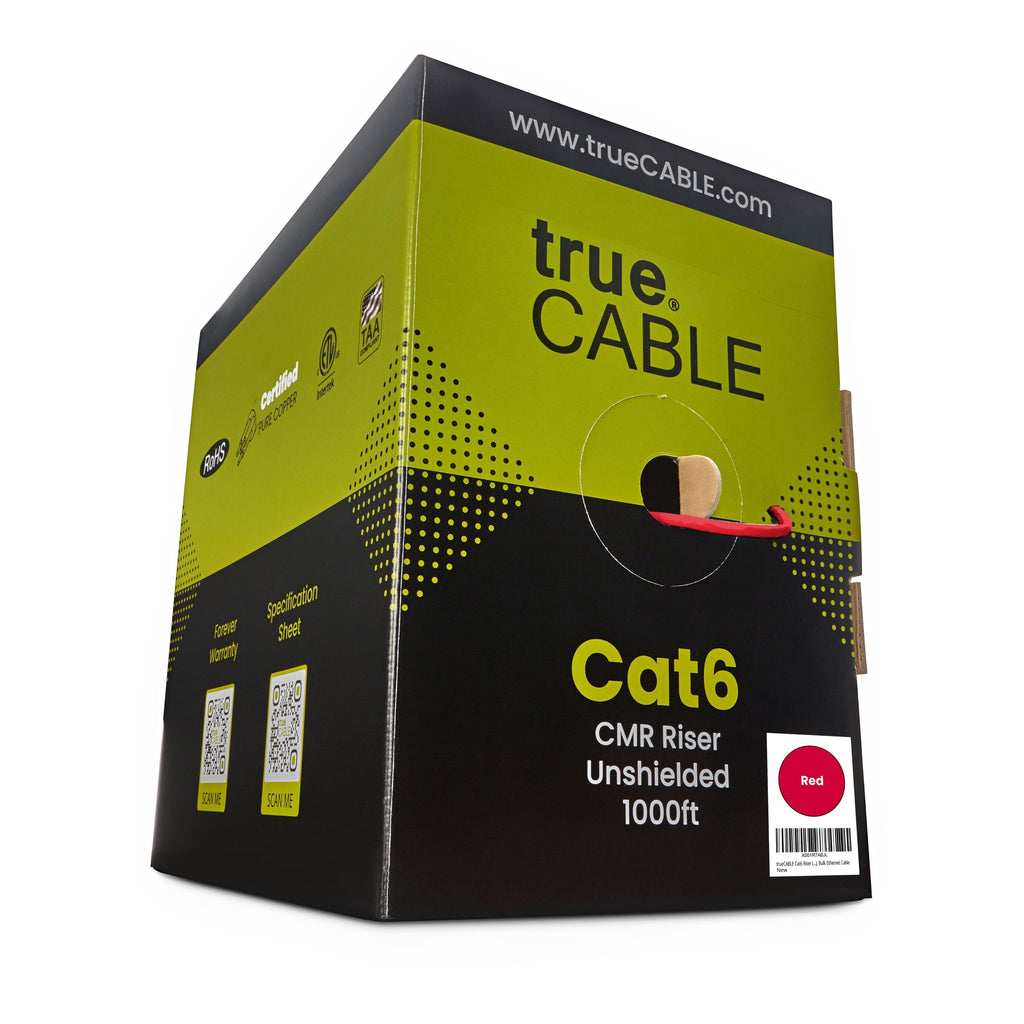trueCABLE Cat6 CMR Riser Unshielded 1000ft Red cable in a box.