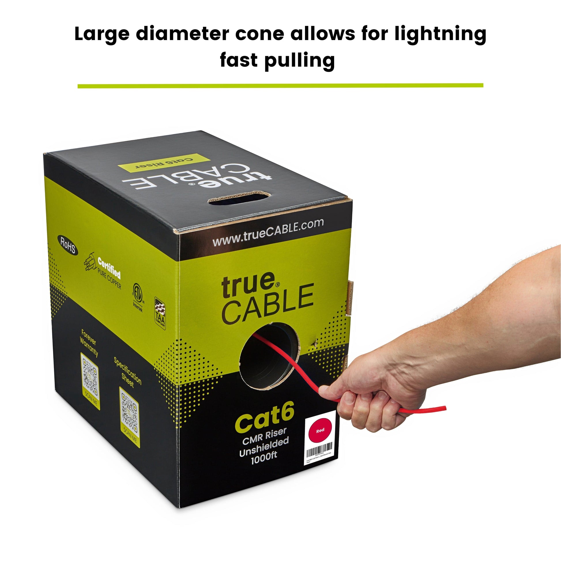 A person pulling a cable out of a box, trueCABLE Cat6 Riser Red 1000ft 23AWG 4 Pair Solid Bare Copper