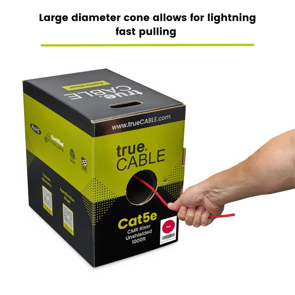 trueCABLE Cat5e Riser Red Ethernet Cable 1000ft Cable Pulled from Box