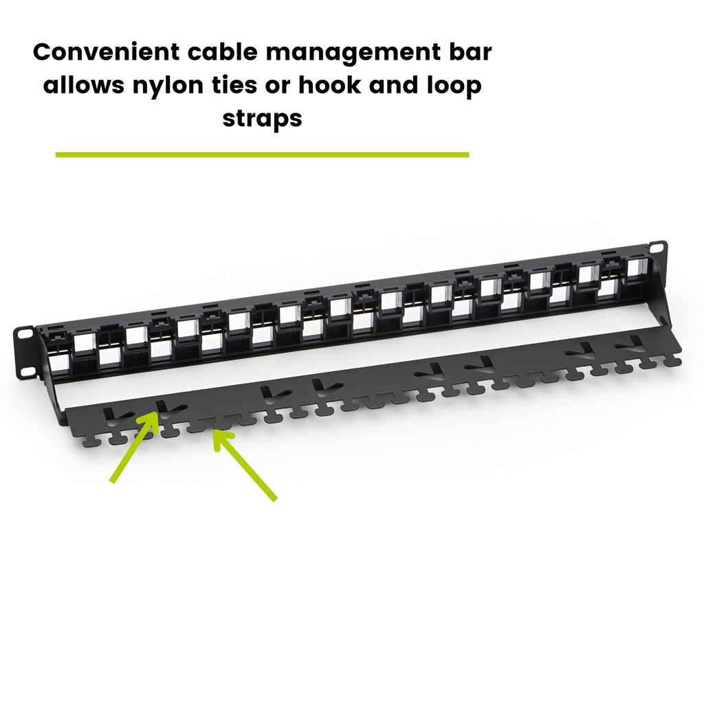 Unshielded 24 port patch panel with cable management bar with nylon ties and velcro straps attached to it