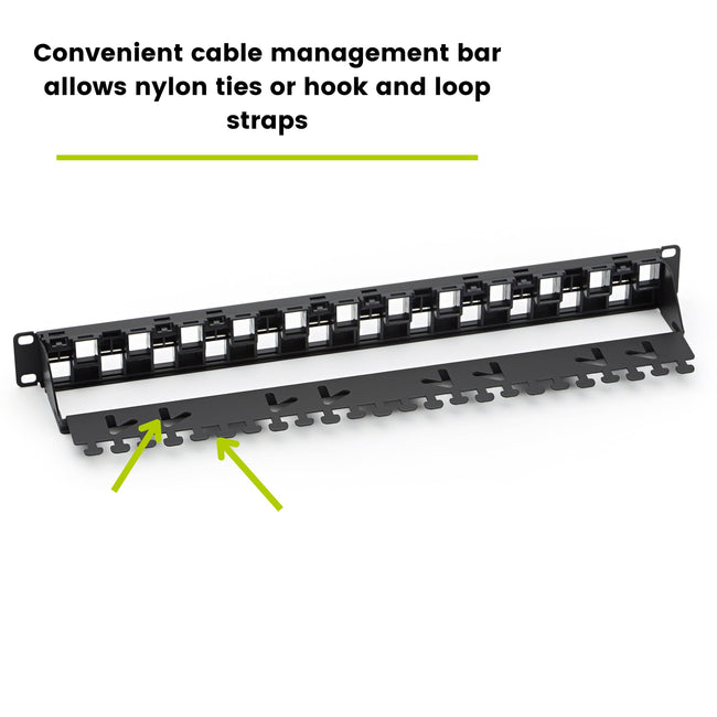 Unshielded 24 port patch panel with cable management bar with nylon ties and velcro straps attached to it