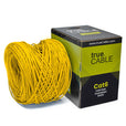 A spool of yellow Cat6 cable on a white background. The spool is labeled "TrueCABLE Cat6 CMR Riser Unshielded 1000ftyellow Ethernet Cable