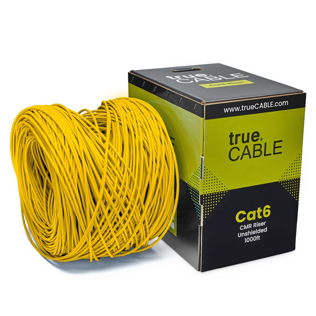 A spool of yellow Cat6 cable on a white background. The spool is labeled "TrueCABLE Cat6 CMR Riser Unshielded 1000ftyellow Ethernet Cable
