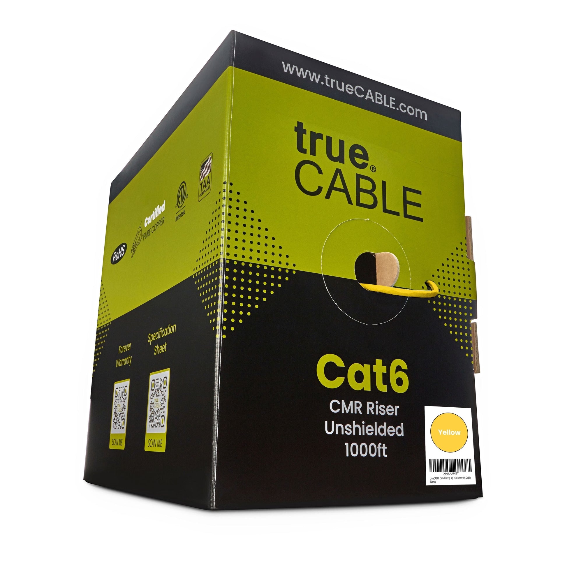 trueCABLE Cat6 CMR Riser Unshielded 1000ft yellow cable in a box.