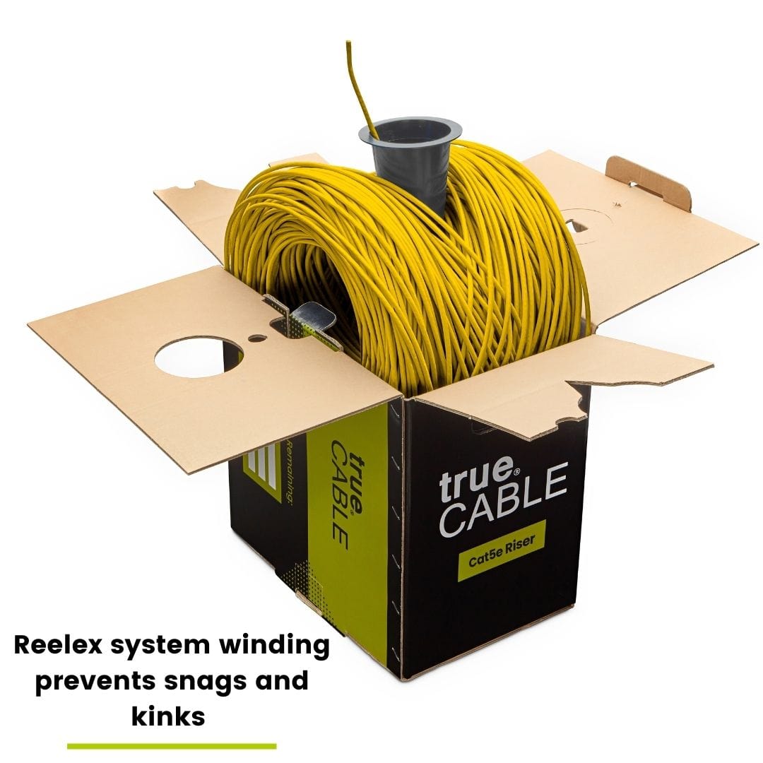 trueCABLE Cat5e Riser Yellow Ethernet Cable 1000ft Reel Inside Box