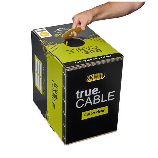 trueCABLE Cat5e Riser Yellow Ethernet Cable 1000ft Reel Coming out of Box