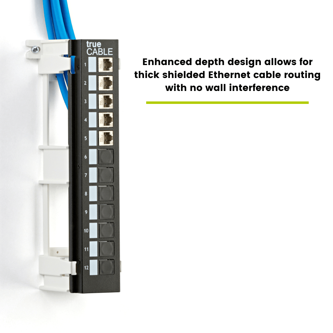 trueCABLE 12-port wall mount patch panel installed with enhanced depth design for thick shielded Ethernet cables, ensuring no wall interference.