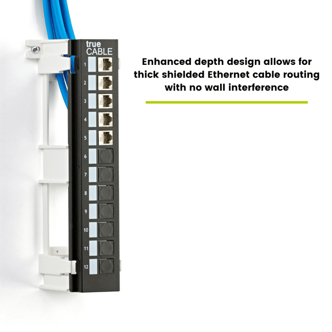 trueCABLE 12-port wall mount patch panel installed with enhanced depth design for thick shielded Ethernet cables, ensuring no wall interference.