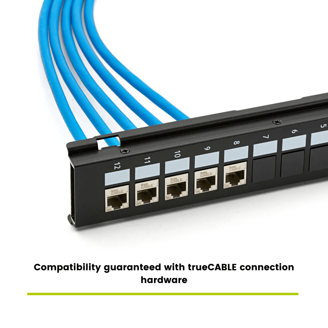 Close-up of the trueCABLE patch panel with blue Ethernet cables connected, demonstrating compatibility with trueCABLE hardware.