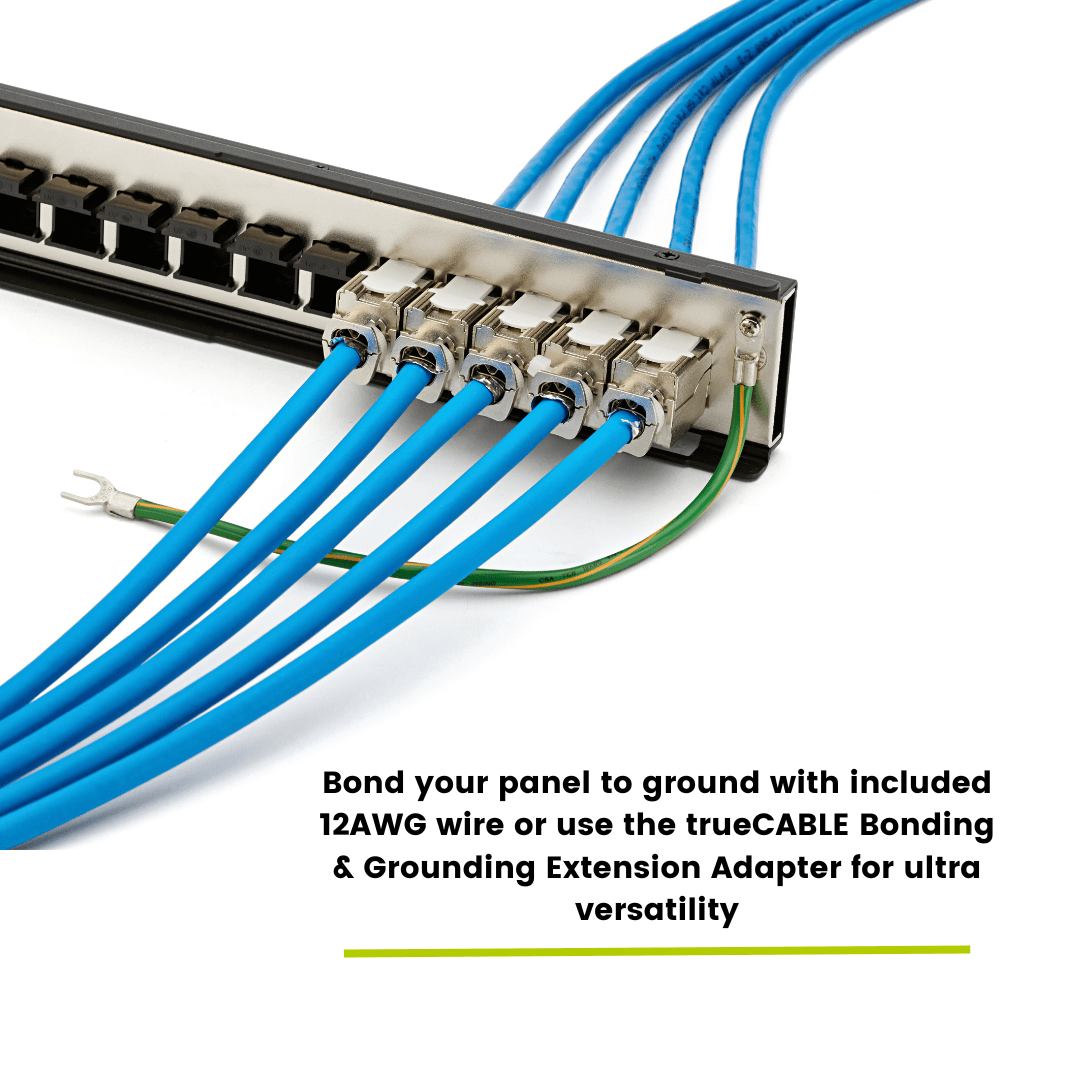 Back view of the trueCABLE patch panel with grounding connections and 12AWG wire for secure and versatile installations.