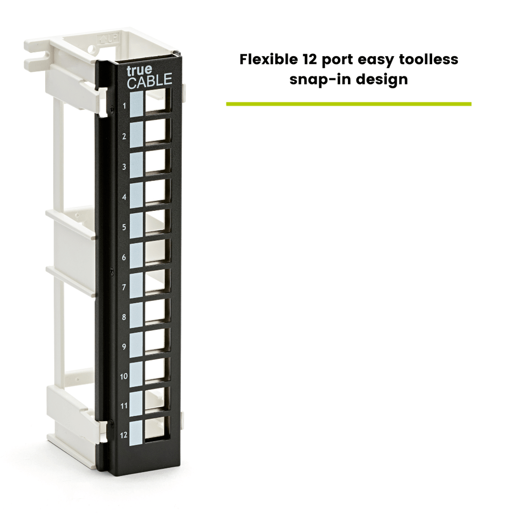 trueCABLE 12-port wall mount patch panel with flexible tool-less snap-in design for quick and convenient installation.